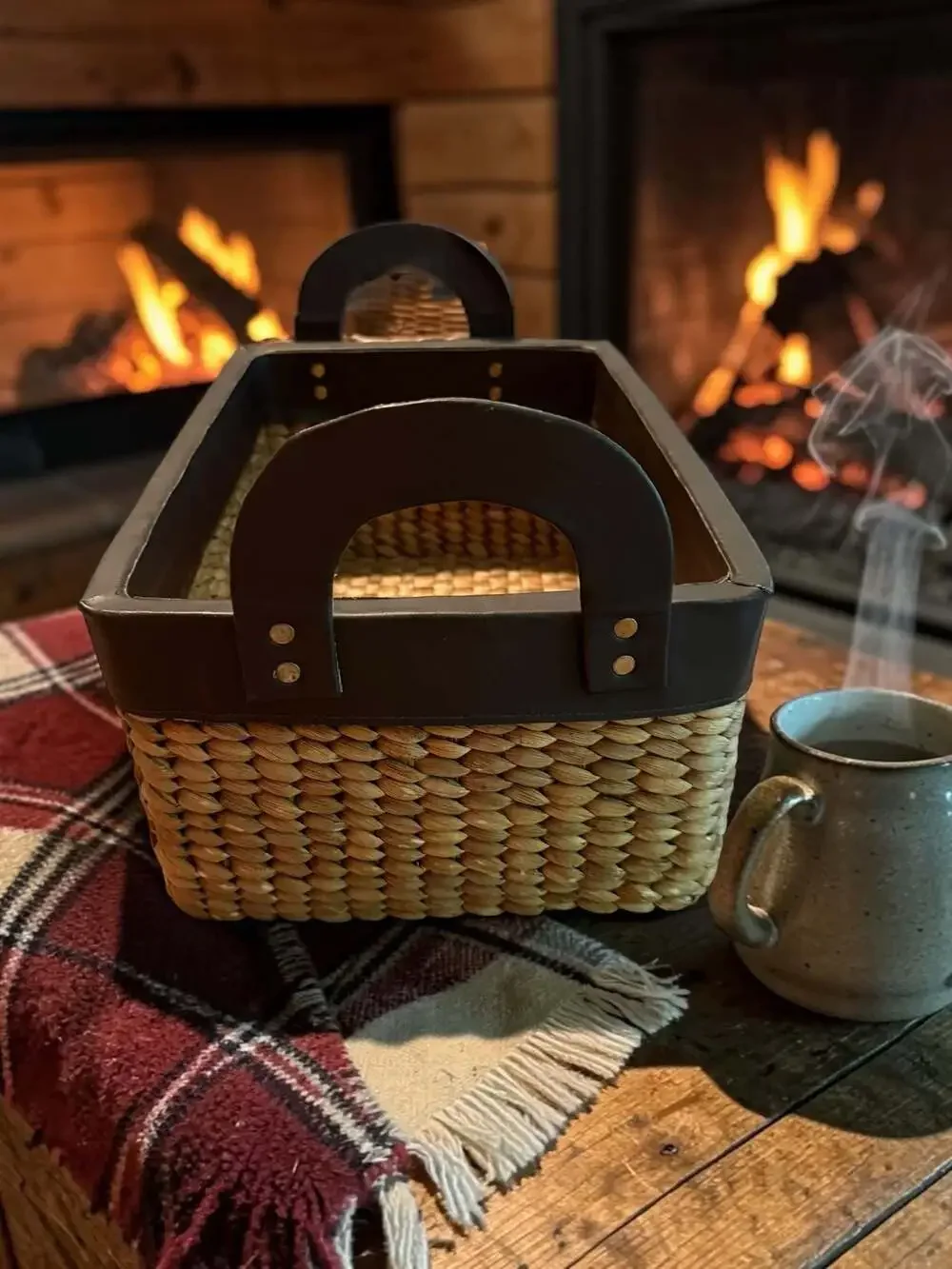 Rustic woven  Seagrass Storage Basket‎ with Faux Leather Trim and Handles